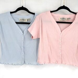 Y2K Ribbed Henley Baby Tee Shirts Lettuce Trim Top Pink Blue Medium B. Moss